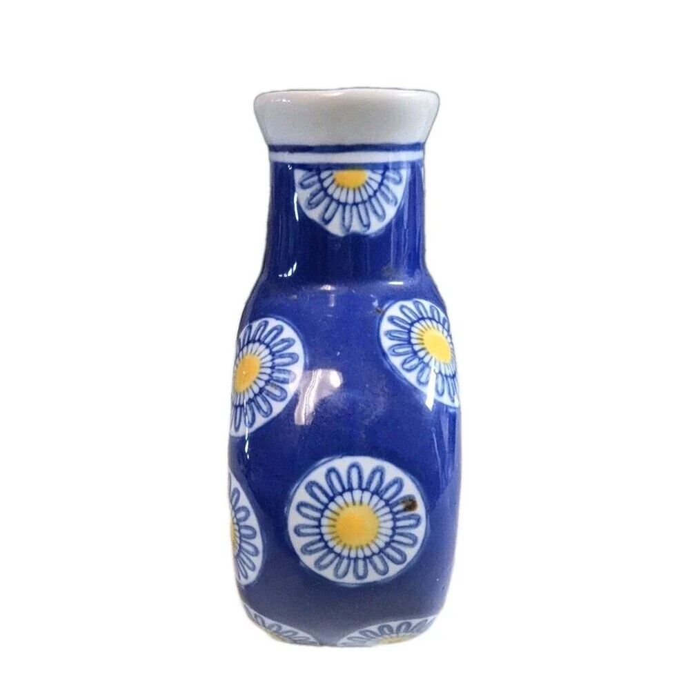 Vintage Blue & White Porcelain Miniature Bud Vase - Yellow Daisy Floral Moon Jar